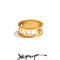 Yhpup Fashion Stainless Steel Poker Shape Hollow Wide Golden Ring Minimalist Charm Finger Jewelry Bijoux Femme New