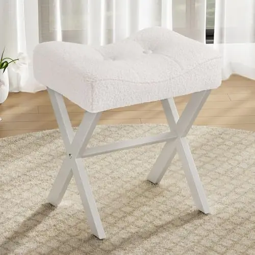 

18-дюймовый стул-табурет для туалетного столика, скамья для туалетного столика с металлическими X-образными ножками, акцентный табурет-оттоманка с дышащим и мягким сиденьем из ткани букле