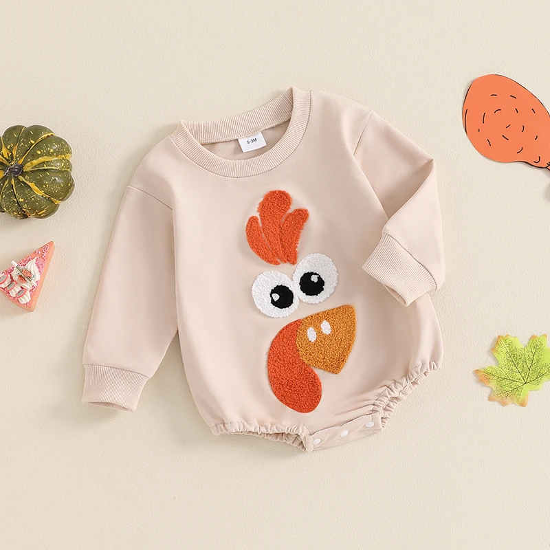 SXYPAYXS-Baby Thanksgiving Romper Turkey Embroidery Long Sleeves Round Neck Sweatshirt Jumpsuit Baby Outfits