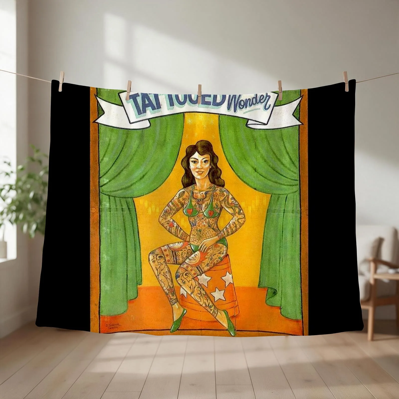 TATTOOED WONDER : Vintage Circus Sideshow Advertising Print Throw Blanket Plush Sofa funny gift Warm Blankets