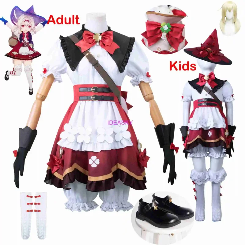 Klee Cosplay Genshin Impact Hexen schuhe für Kinder Kind Perücke und Hut plus Größe neue Haut Tasche Rucksack Kleidung Kleid Ohren Outfit Hut