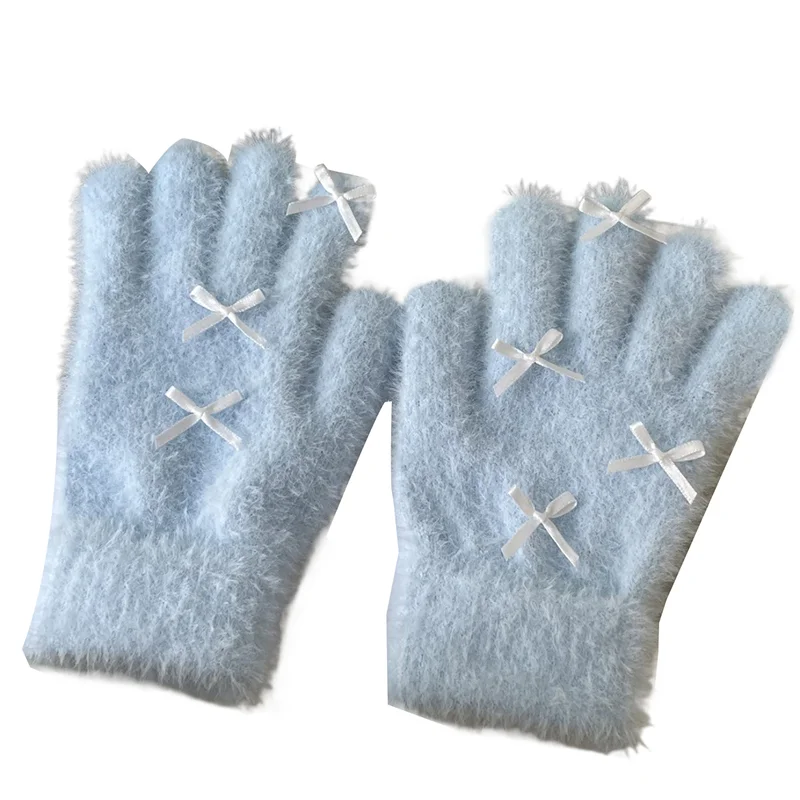 قفازات شتوية ساحرة بلون سادة للنساء؛ قفازات لطيفة على شكل فيونكة للفتيات #6