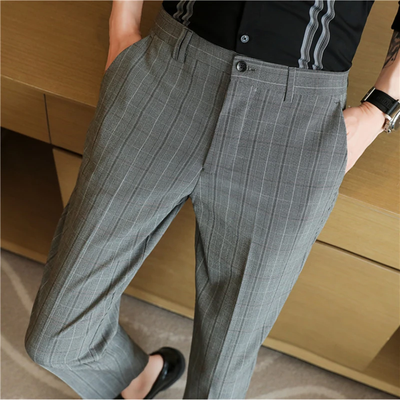 

High-quality Spring Fall Plaid Texture Suit Trousers Korean Men Slim Business Social Office Suit Pants Brand Casual Dress Pants