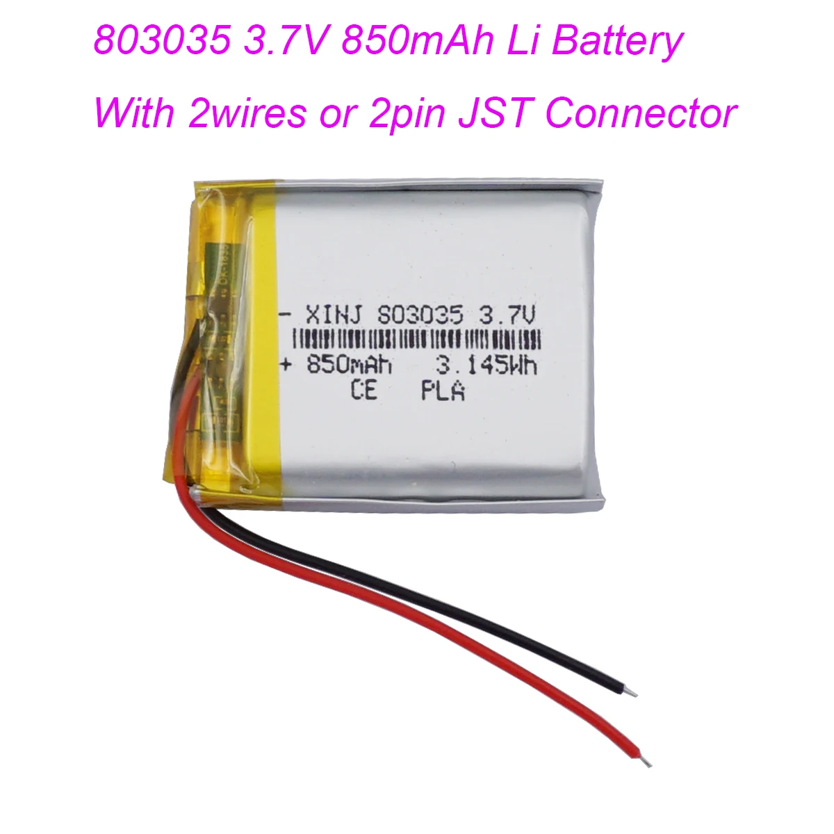 

3.7V 850mAh 3.14Wh Rechargeable Li-Polymer Li ion Battery 803035 JST 2Pin 1.0/1.25/1.5/2.0/2.54mm plug For GPS Bluetooth Speaker