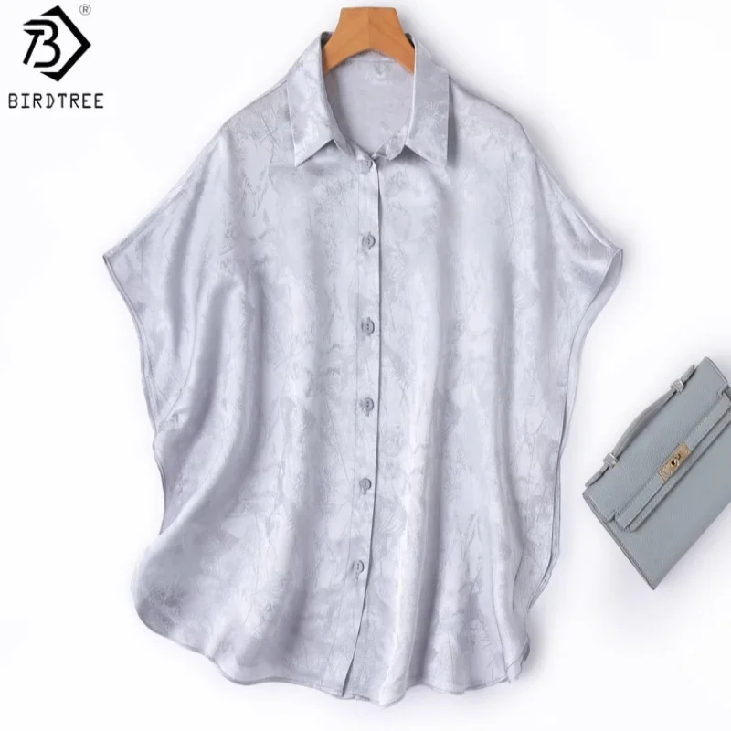 

Birdtree, 100% Real Silk Jacquard Blouse, Lapel Batwing Sleeve Tops, Women's Loose Plain Satin Shirt, 2026 Spring New T64104JF