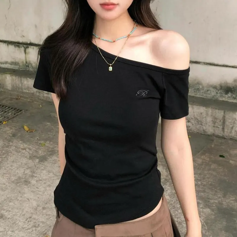 

Fashionable Skew Collar Letter Slim Pullovers Female Clothing Short Sleeve Summer Basic Korean Off Shoulder Hotsweet T-shirts