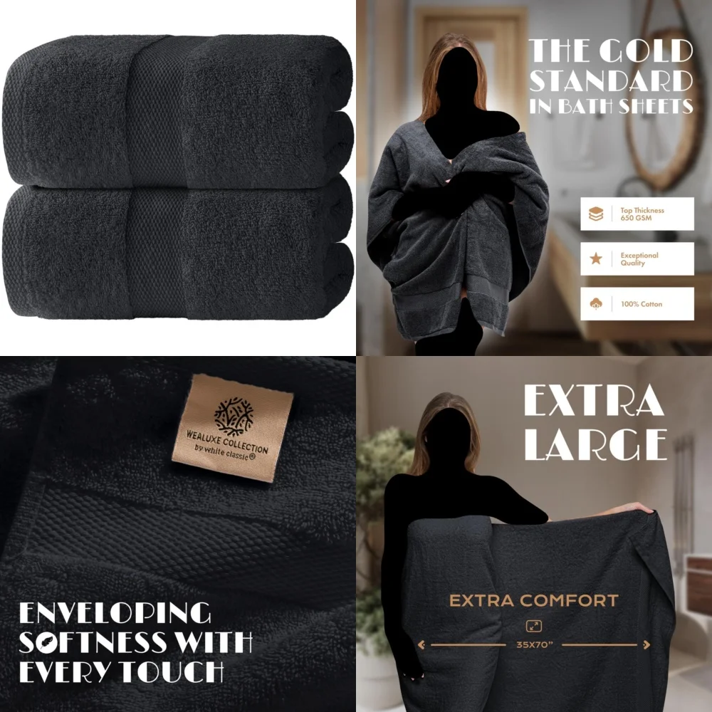 

towelExtra Large Bath Sheet Towels 35x70 2 Pack Black Soft Quick Dry 650 GSM Highly Absorbent Luxury Bathroom Towel Set for Home