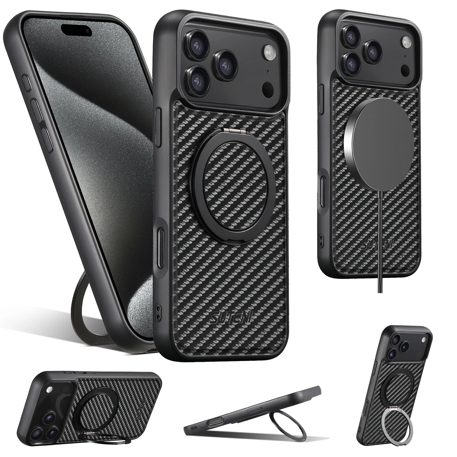 SUTENI Magnet Kabellose Ladehülle für Mobiltelefone 360 ° Drehbarer Ständer mit Kunstleder-Ringschnalle für iPhone 18 Pro Max 17 16 Plus – Detail 5