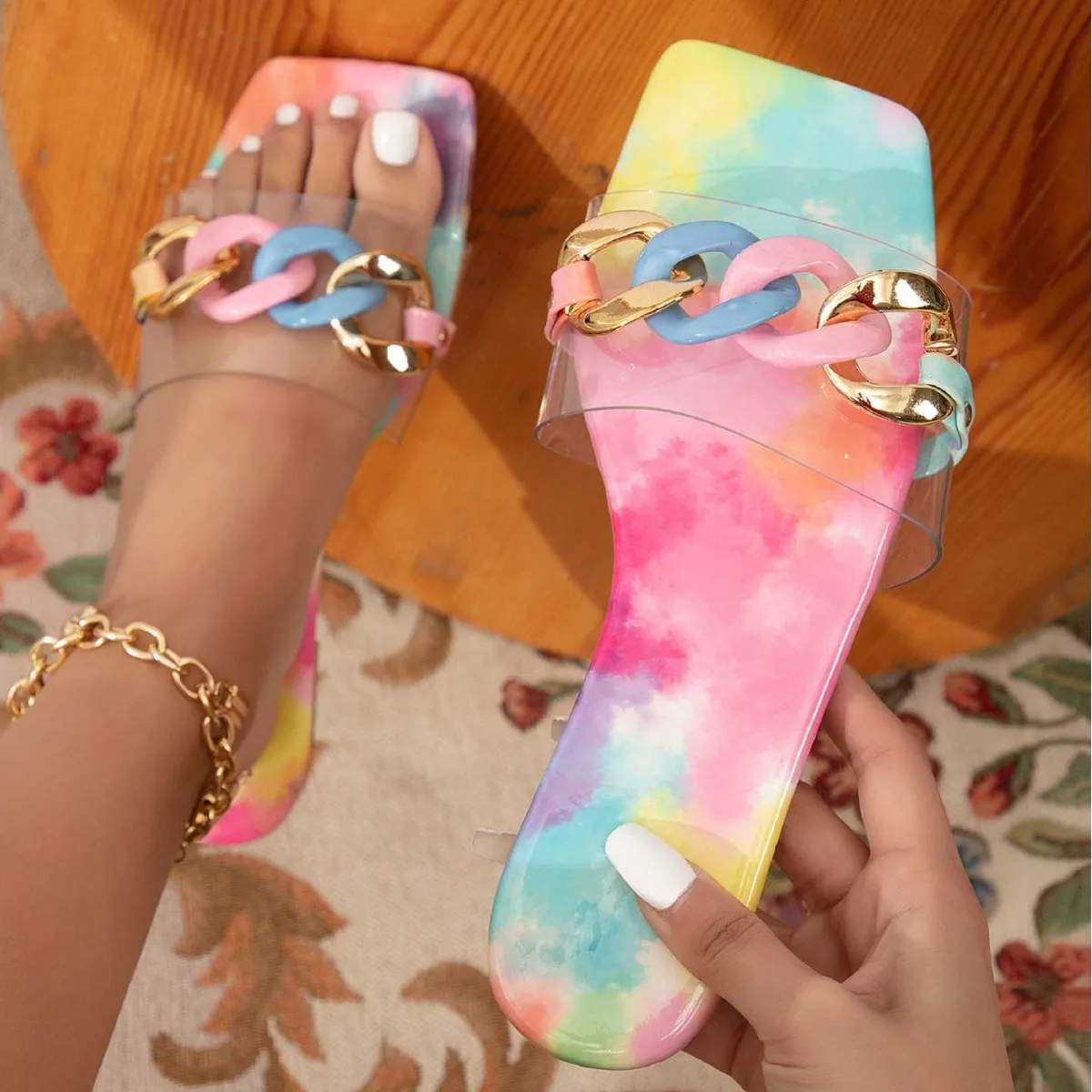 

square head slippers sandals colorful holiday wind chain women's slippers slippers fashionable and elegant women's sandals