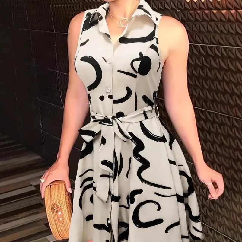 New Women's Printed Sleeveless Lace-Up Dress Shirt Skirt