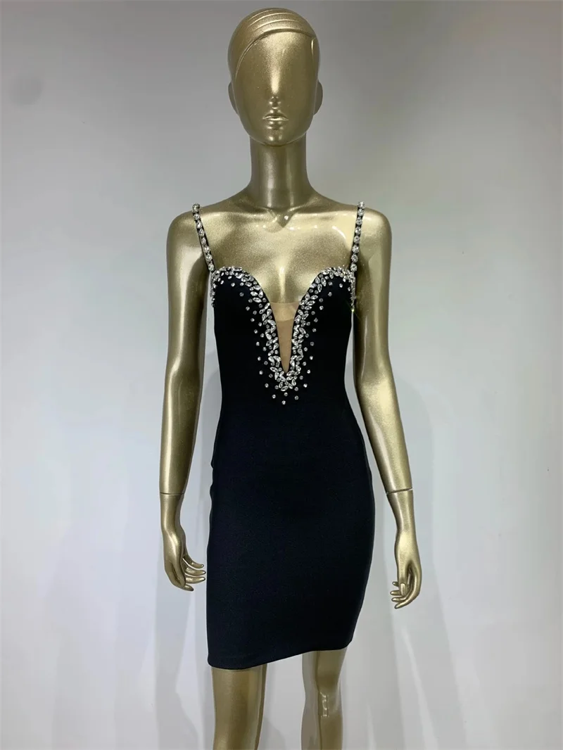 Pailletten Strass Frauen Verband Kleid rücken frei Deep-V-Ausschnitt Party kleid einzigartige schwarze ärmellose Abendkleid neues Design auf Lager