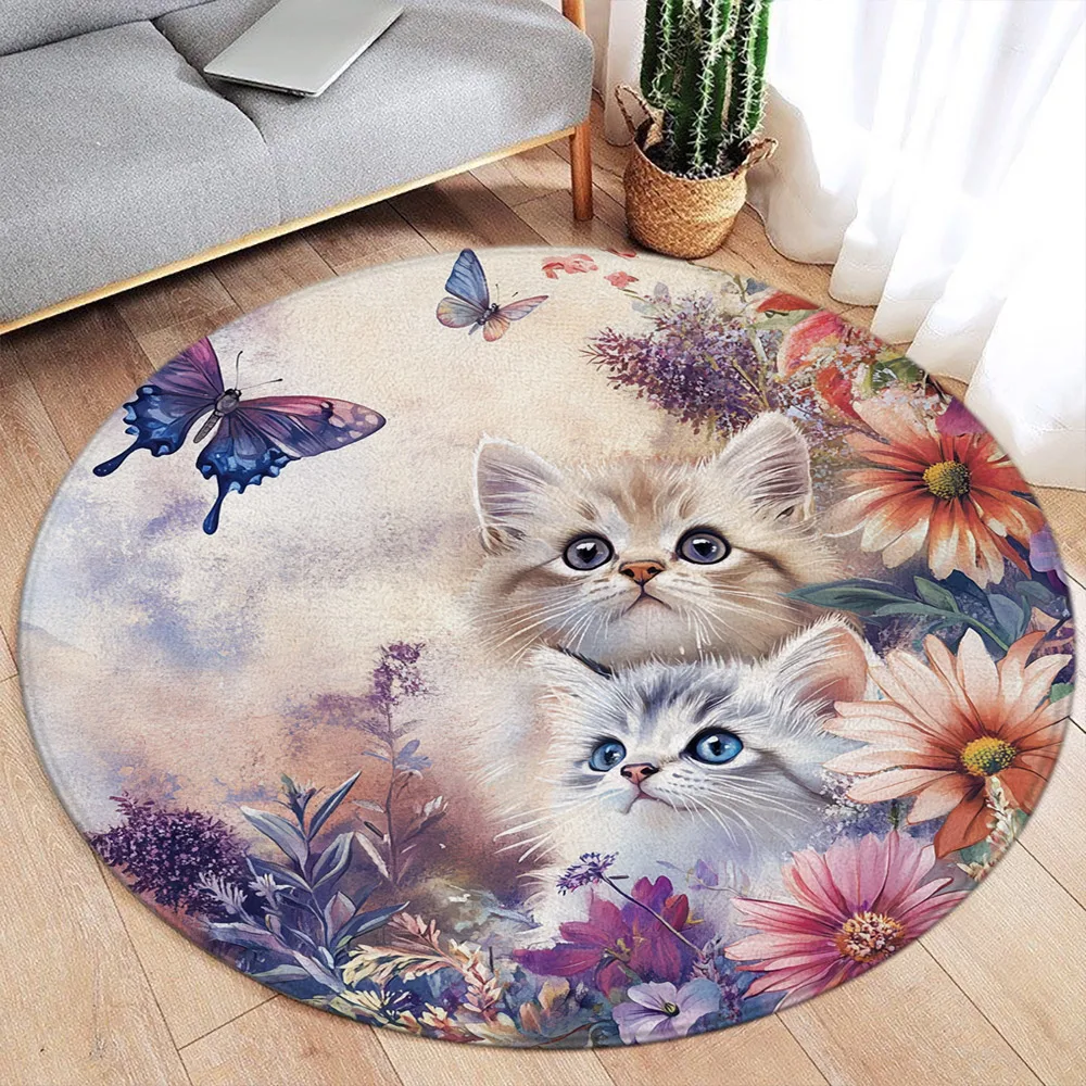 Funny Cat Round Carpet Vintage Watercolour Floral Botanical Cute Animal Pet Flannel Rug Home Living Room Bedroom Decor Floor Mat