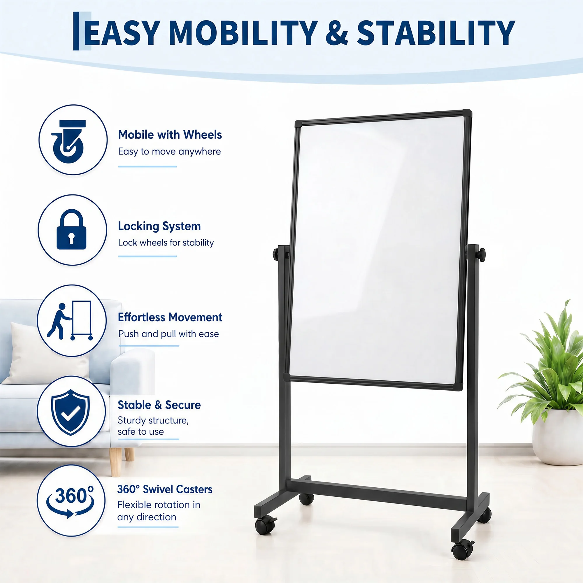 40x28 Inch Double-Sided Rolling Whiteboard on Wheels, Height Adjustable Magnetic Dry Erase Board, Mobile Swivel Presentation Board with Stand, Portable Magnetic White Board for Office, Classroom, Home School