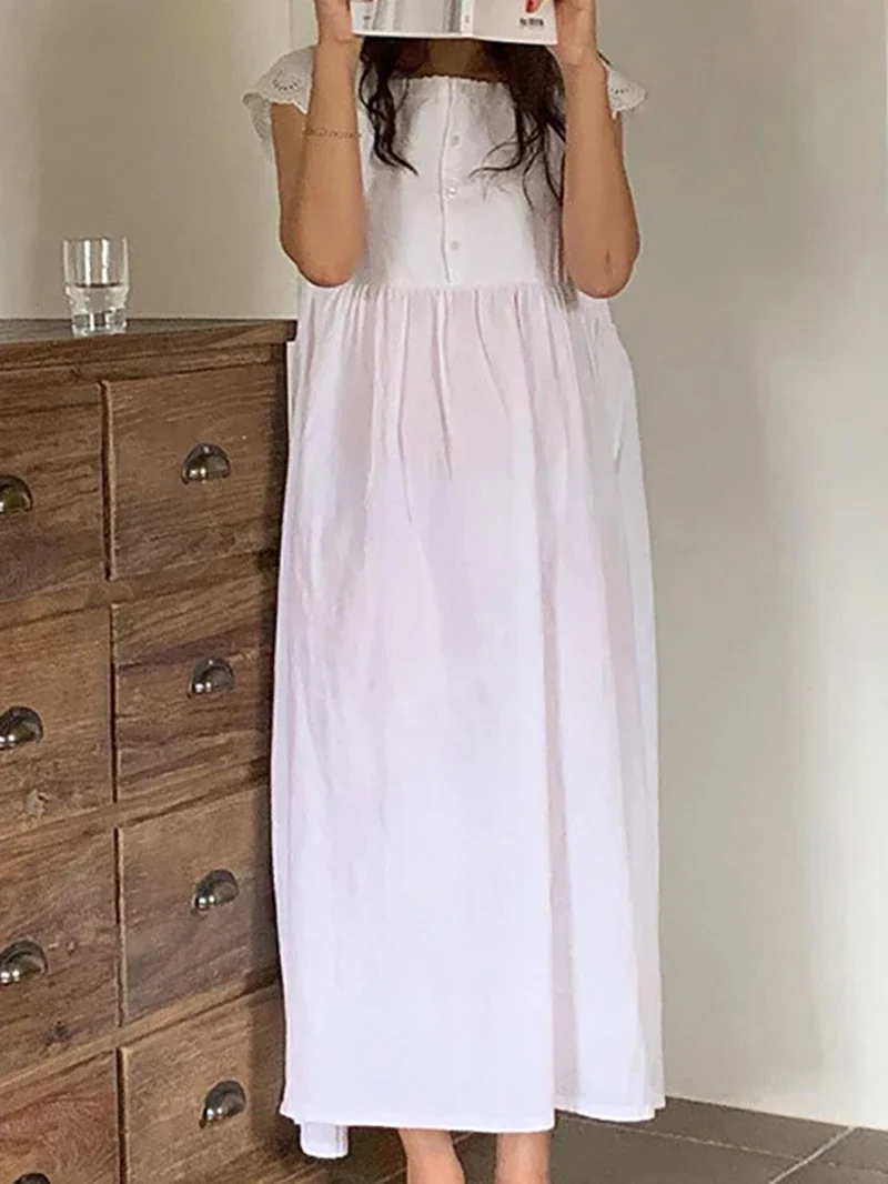 Korea Kawaii Lounge Night Dress Summer Sweet Girl Cotton Lace Short Sleeve Nightdress Victorian Princess Sleepwear Home Clothes view 3