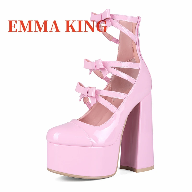 المرأة منصة صندل كعب عالٍ حجم كبير القوس حزام الوردي براءات الاختراع والجلود الصنادل الكاحل حزام كعب الأحذية أحذية لوليتا الأحذية