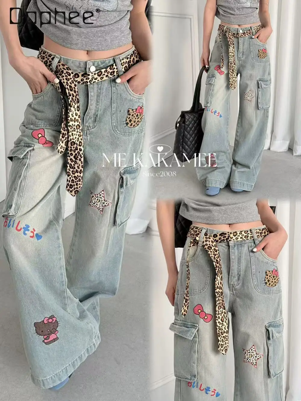 2025 Spring New American Cartoon Printing Decoration Multi-pocket Tooling Jeans High Waisted Jeans Streetwear Women