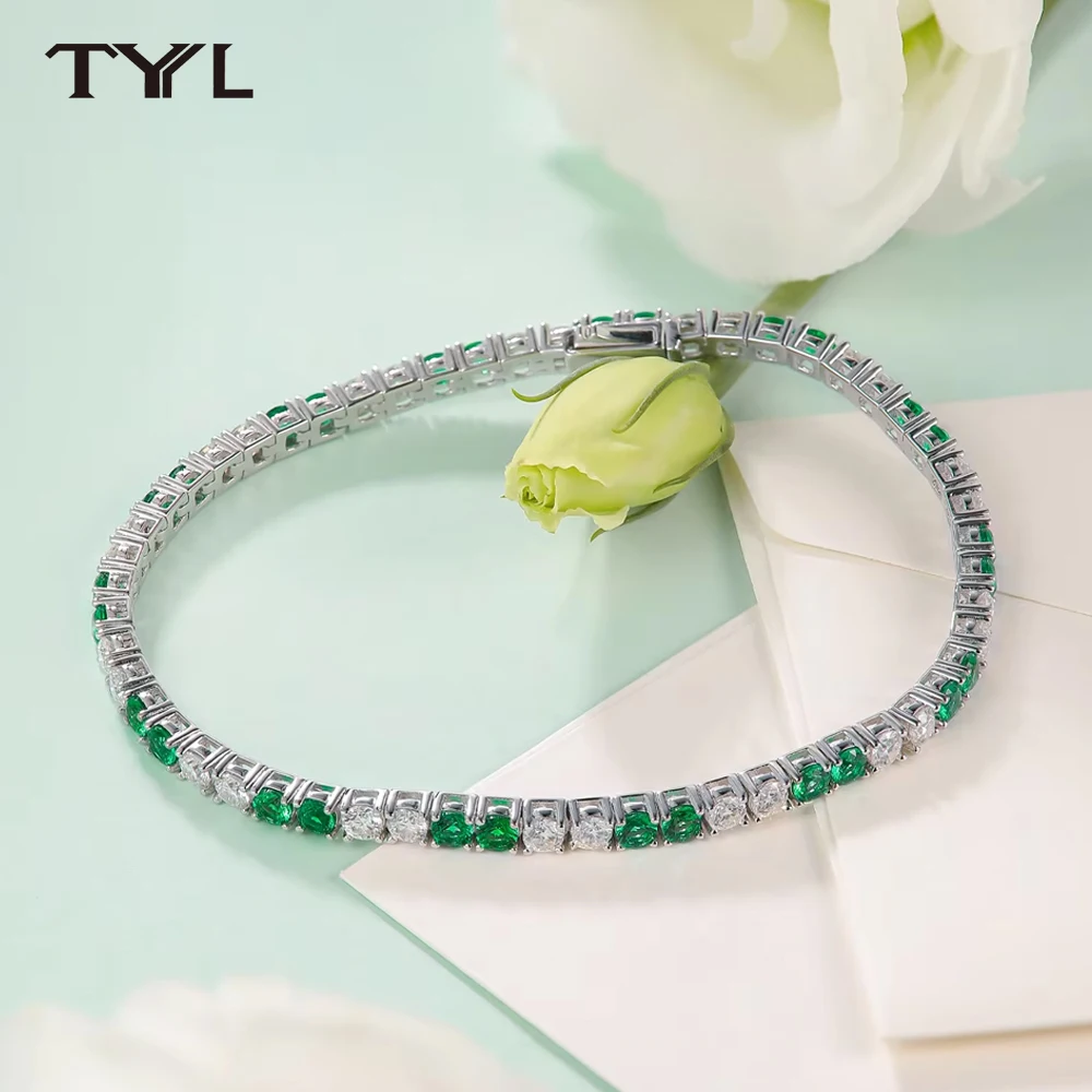 

TYYL D VVS1 Green White Lab Grown Emerald Moissanite Tennis Bracelet for Men Women S925 Silver All Diamond Sapphire Chain Bangle