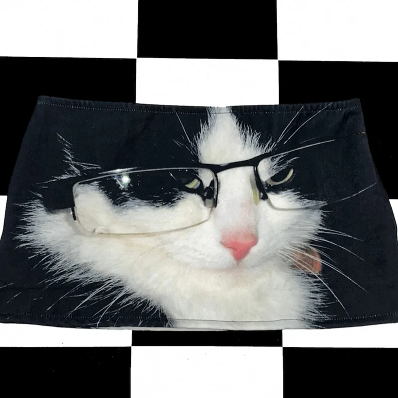 Y2K Black Cat Print Skirt European American Retro Slim Leisure Fit Short