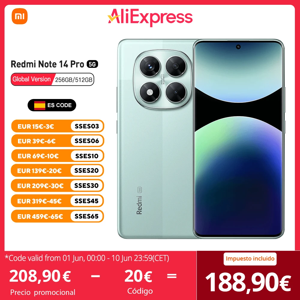 Xiaomi Redmi Note 14 Pro 5G Version européenne 256GB/512GB MTK Dimensity 7300-Ultra Écran AMOLED 6,67" 120Hz Caméra principale 200MP OIS Chargement 45W, IP68, NFC