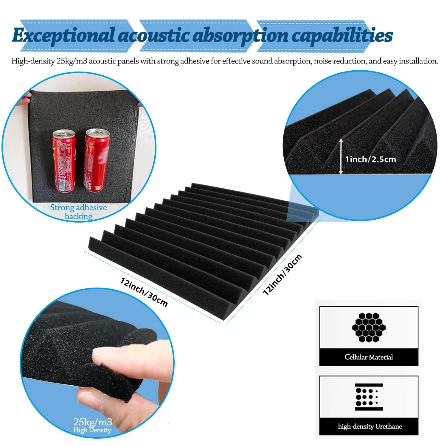 Paneles de espuma acústica autoadhesivos de alta densidad, paneles insonorizados, acolchado de pared con reducción de ruido para estudio, cine en casa, negro, 12 unidades