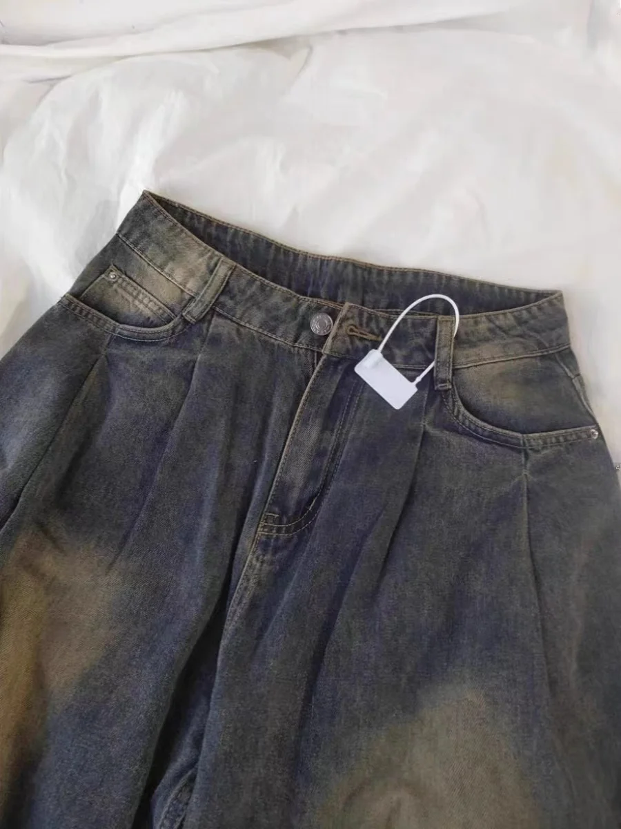 

Свободные широкие джинсы в американском стиле ретро, женские весенне-осенне-зимние новые утягивающие плиссированные прямые брюки