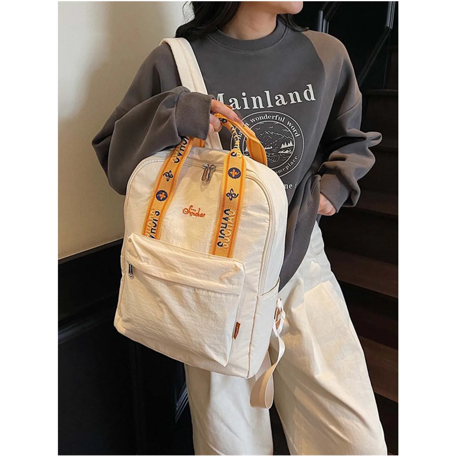 Backpack, women's large capacity canvas bag, casual nylon cloth backpack, simple and niche lightweight travel computer bag