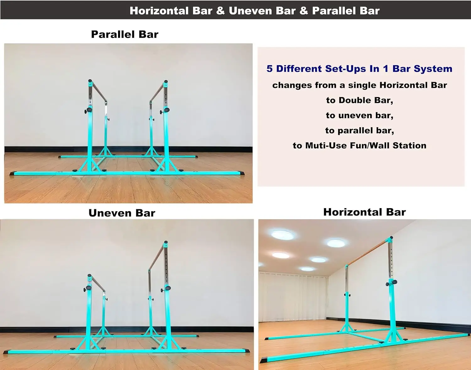 Double Horizontal Bars 3Play Parallel Bars Uneven Bars Gymnastics Training Kip Bar with 304 Stainless Steel Regulating Arms & Fi