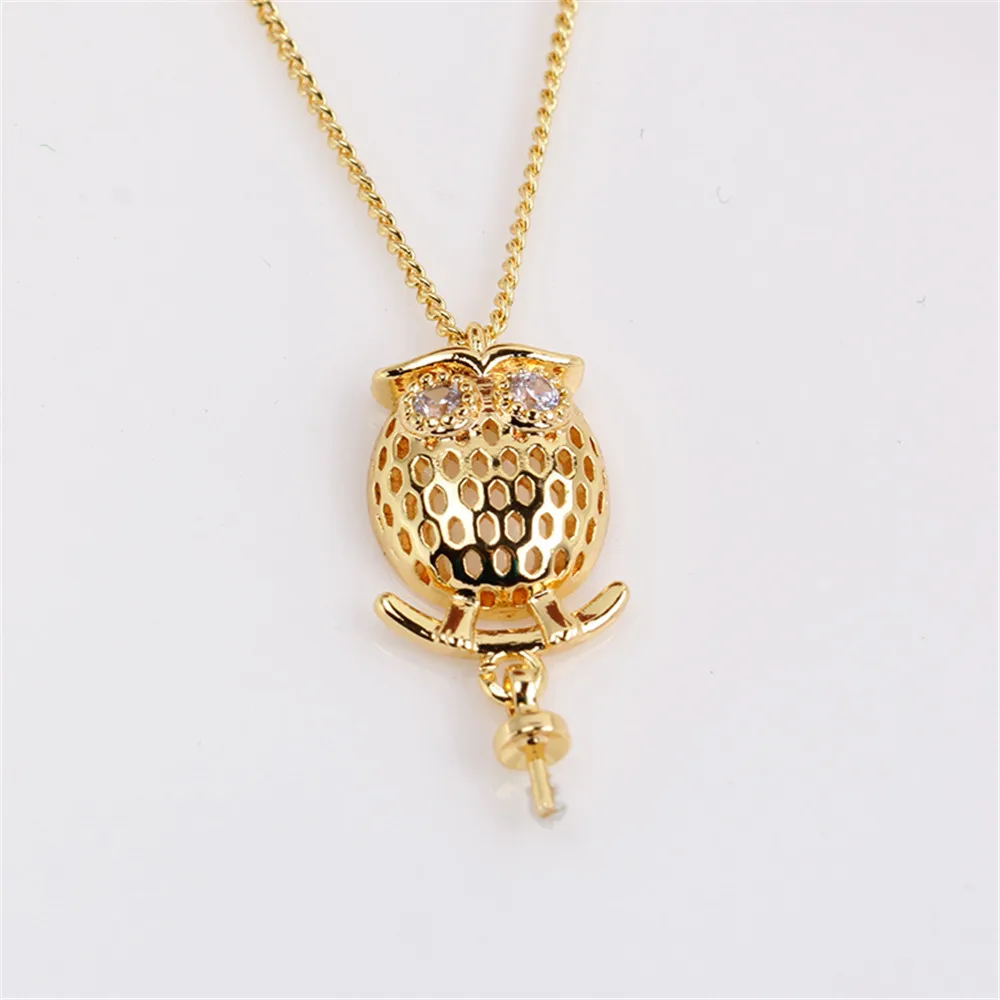 14K Gold Injected Empty Holder Plated K Gold Craft Owl Hollow Out Pearl Pendant Necklace Temperament Female DIY Accessories