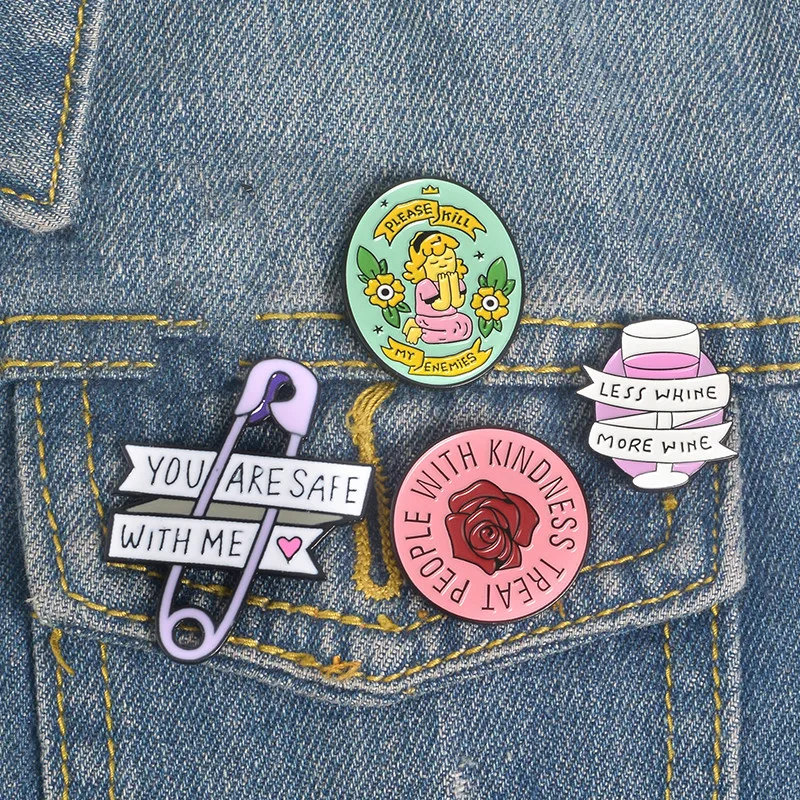 Wholesale Quote Pins Collection Feminist Girl Power Kindness Wine Lover Inspirational Lovely Enamel Pin Brooches Gift for Friend