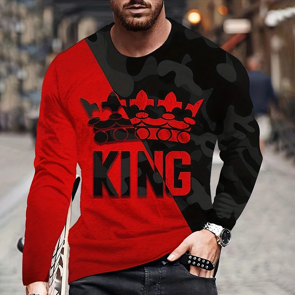 Mens T Shirt Long Sleeve Vintage King 3D Print Spring Fall Round Neck T-Shirts Casual Fashion Oversized Pullover Menswear Tops