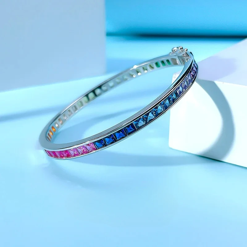 

Rainbow Bracelet 925 Silver Inlaid Light Luxury Round and Thin Circular Folding Style Engagement Jewelry for Women