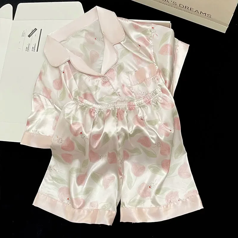 Pigiama da donna set primavera estate 2 pezzi pigiama floreale rosa pigiama in raso di seta finto pigiama manica corta Mujer Pjs Homewear