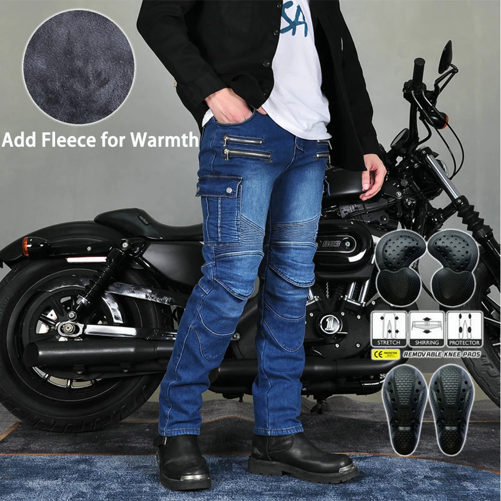 

Winter Retro Casual Motorcycle Jeans Fleece Lined Anti-fall Pants with Adjustable Hip Knee Protectors Riding Gear Motor Pants