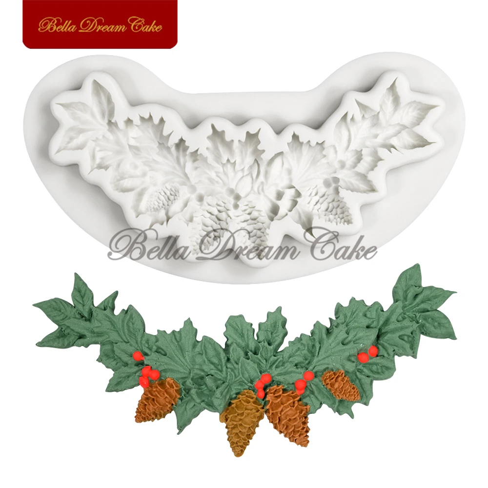 3D Christmas Reindeer/Pine Nut Leaf Wreath Silicone Mold Fondant Chocolate Mould DIY Clay Model Cake Decorating Tools Bakeware