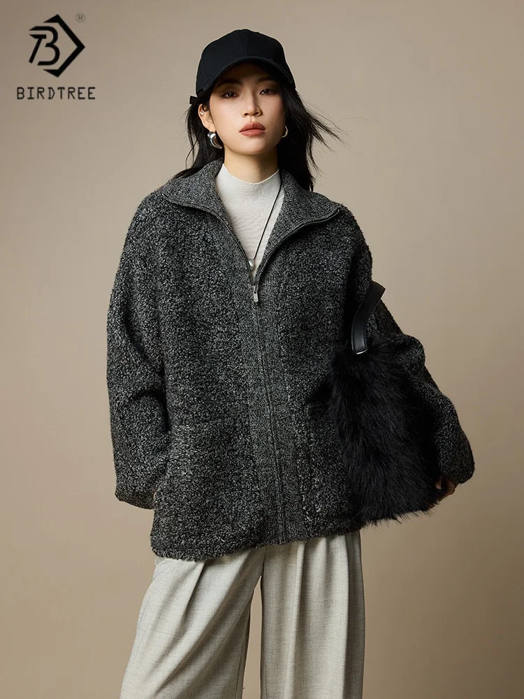 

Birdtree,100% Sheep Wool Zipper Knitted Cardigan,Woman Lapel Korean-style Sweaters,2025 Autumn/Winter Coat,White,Grey T5O832JF