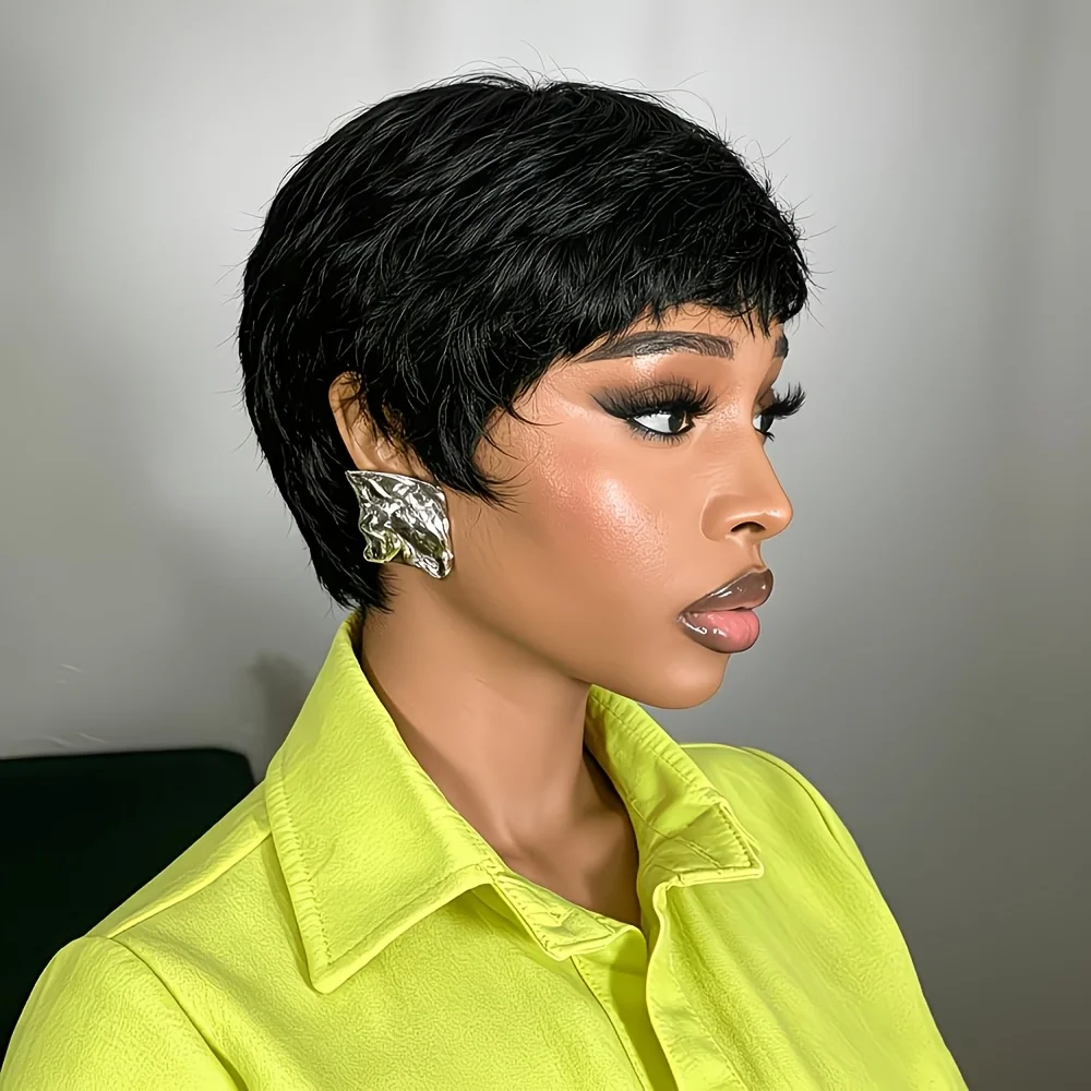 Short Straight Pixie Cut Wig with Bangs - Natural Looking Layere Human Hair Wig, Lightweight, Breathable And Soft Textured Bob W