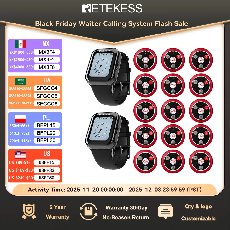 RETEKESS-ワイヤレスレストランポケットベル,通話システム,防水タッチウォッチ,t117通話ボタン,カフェ,バー,水ギセル,ホテル,td113
