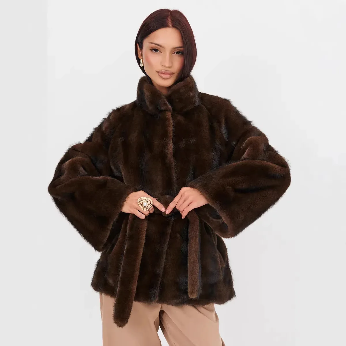 2026 Autumn Winter Women Faux Mink Fur Coat Lapel Collar Belted Long Jacket Luxury Fluffy Outerwear Brown