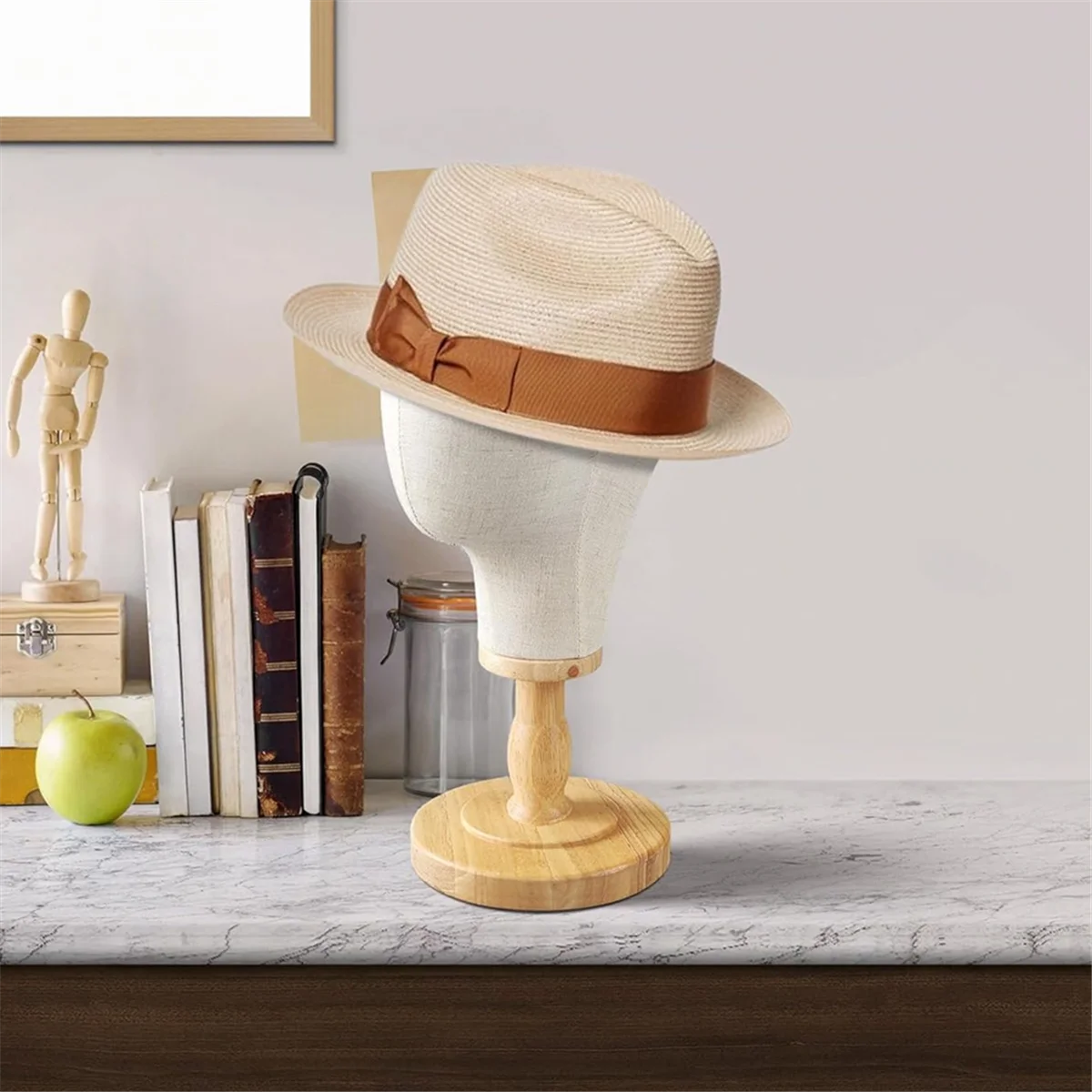 Wig Stand Mannequin HeadHat Display Stand Linen Wig Holder, Canvas Dome + Detachable Wood Stand for Wigs,Hats,Caps