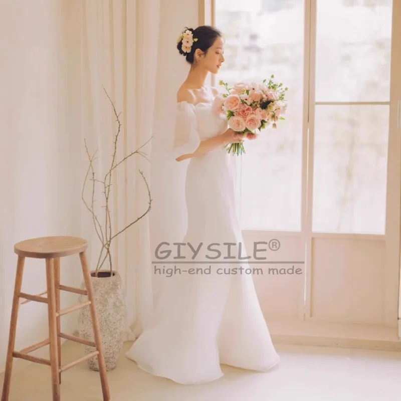 GIYSILE Aangepaste witte schouder mode fishtail trouwjurk Super Fairy 2025, nieuwe eenvoudige mesh feestjurken bubble mouw