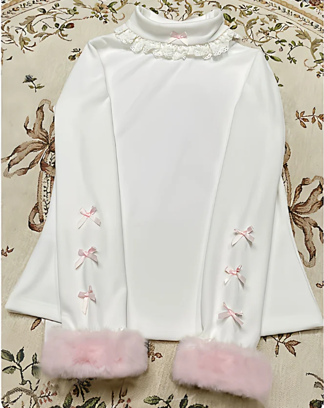 Lolita carino dolce caldo lavorato a maglia bianco a maniche lunghe camicia che tocca il fondo moda versatile sottile pizzo semi-dolcevole top con fiocco squisito