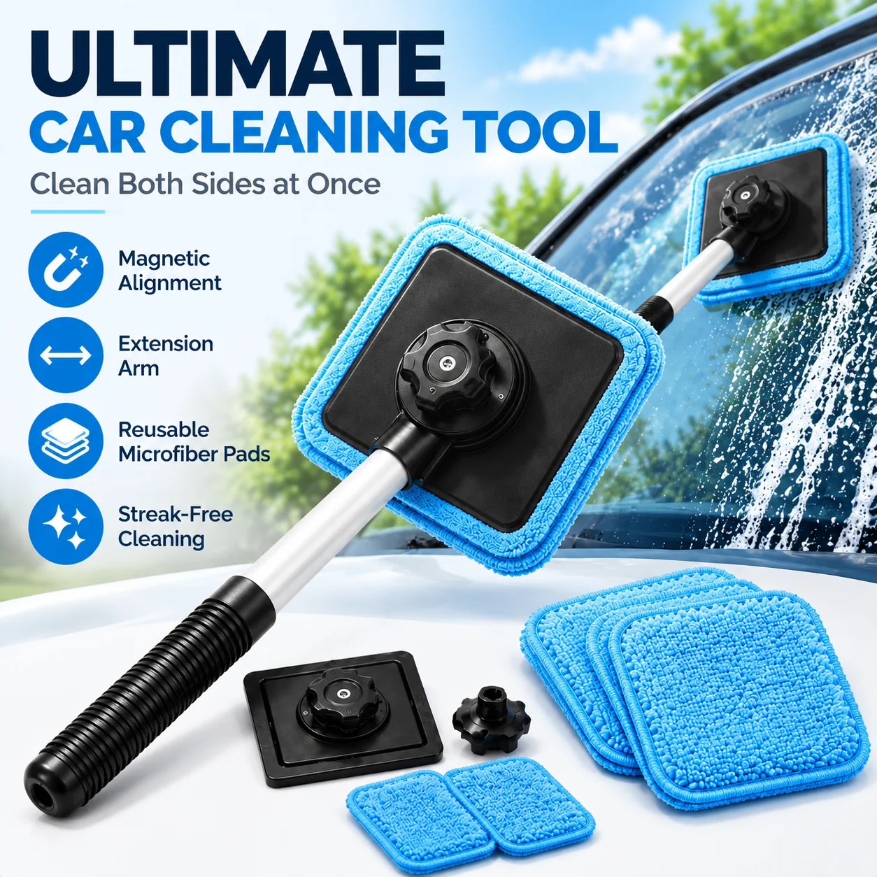 Portable Magnetic Car Glass Cleaning Tool Set Streak-Free Auto Windshield Cleaner With Extendable Long Handle Removable Wash Pad