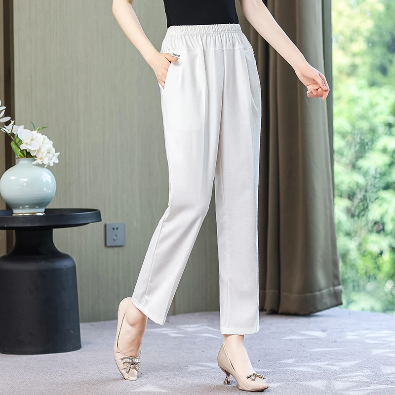 Summer Women Cotton Linen Pants High Waist Vintage Basic Black Pants Women's Summer Straight Elastic Waist Ankle-Length Trousers