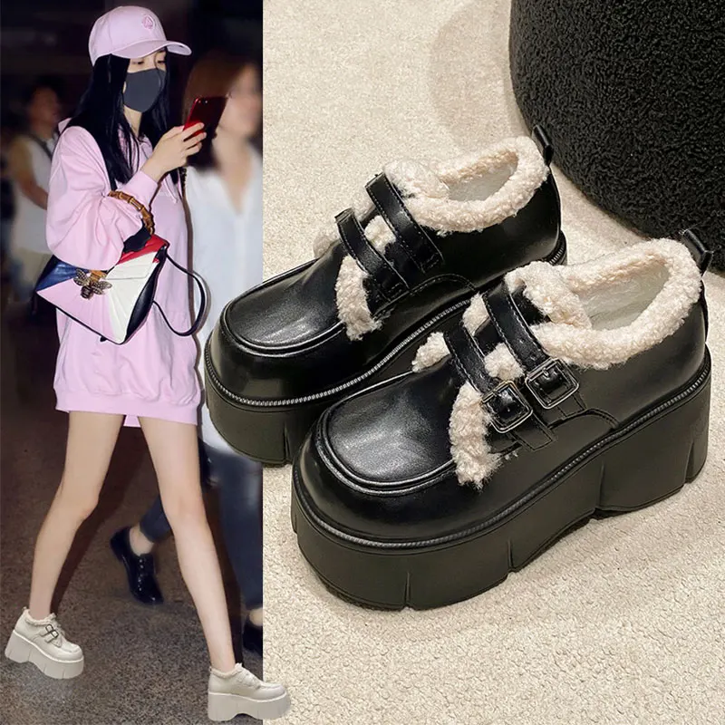 สตรีDerbyรองเท้าClogsแพลตฟอร์มLoafersขนสัตว์หนังฤดูหนาวใหม่Creepers Slip-OnสตรีLoafersรองเท้าClogsแพลตฟอร์มOxfor