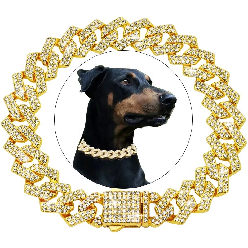 

Diamond Cuban Collar Pet Cuban Collar Jewelry 15MM Walking Metal Chain Collar Accessories for Dogs Cats Chain