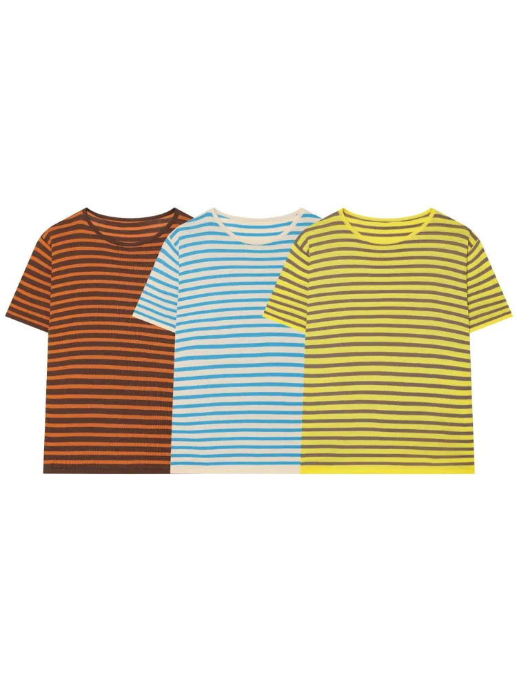 HH Women Summer Chic Striped Knit T-Shirt Crew Neck Short Sleeve Soft Comfy Casual Tee Multi Colors For Brunch Gathering Party