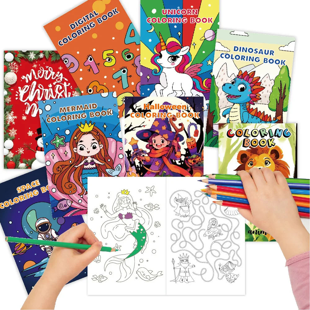 Kids Holiday Party Coloring Book Set - 8 Theme Pack with Doodle Drawing & Cartoon Characters for Creative Fun & Gifts