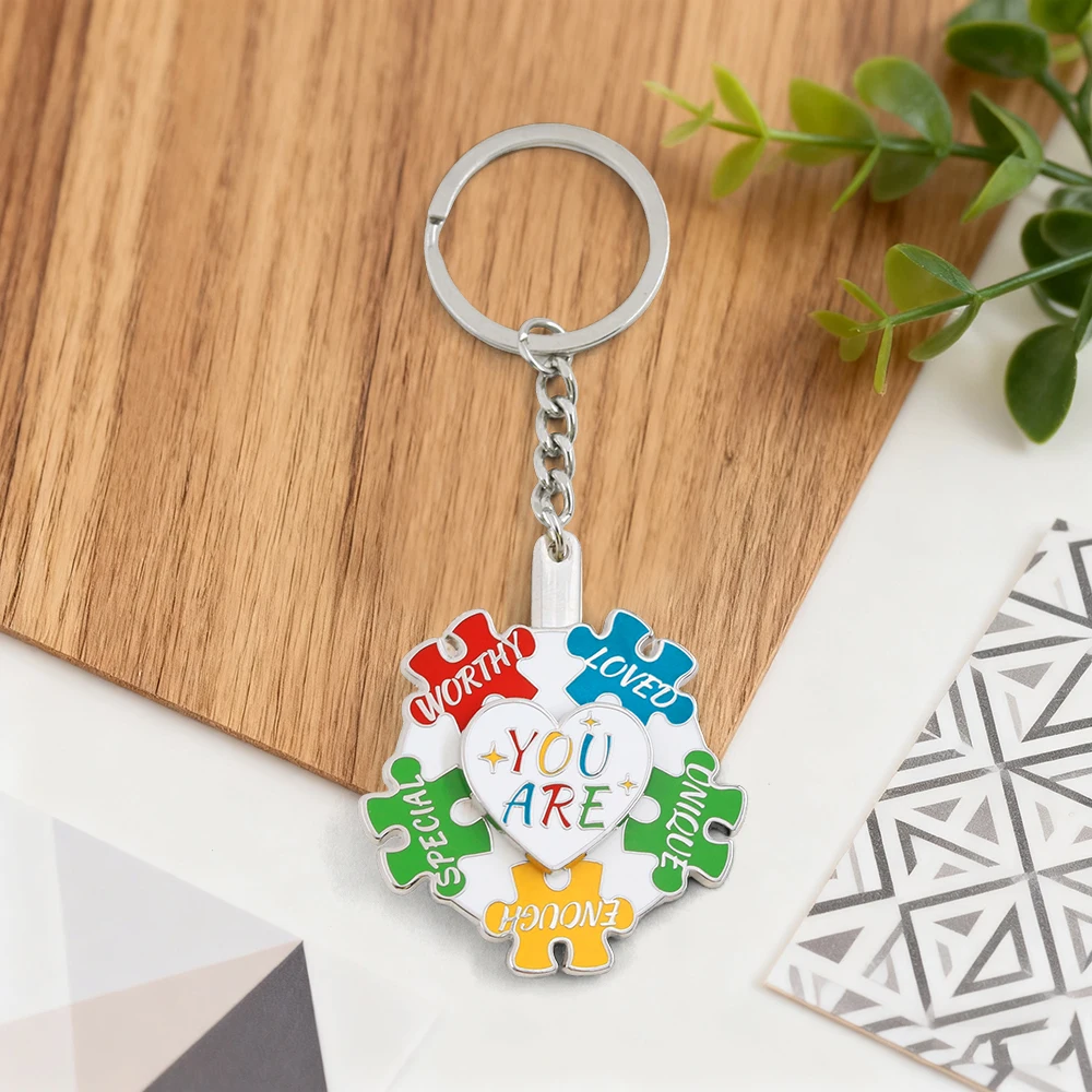 Autism Awareness Puzzle Rotating Keychain You Are Worthy Loved Special Unique Enough Inspirational Pendant Gifts For Mental Heal