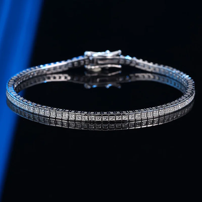 EUREKA Pulsera de tenis de moissanita con corte princesa, 1.5mm 2mm, color D, para mujer y hombre, Plata 925, pasa la prueba del diamante, pulseras de eslabones