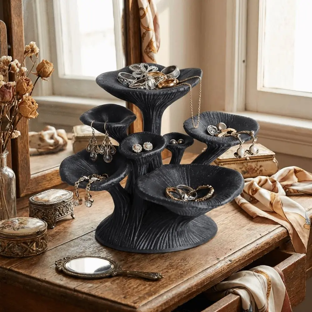 3D Printed Mushroom Jewelry Stand Black Glossy Plastic Jewelry Storage Tower Storage Shelves Multi-Layer Ring Display Stand